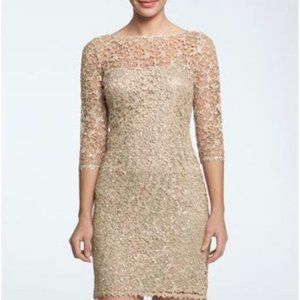 Kay Unger Champagne/Gold Sequin & Lace Metallic V Back Cocktail Dress worn twice
